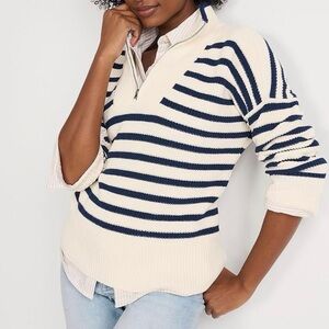Lands' End - Women's (M) Drifter Striped Cotton Quarter Zip Pullover Sweater
